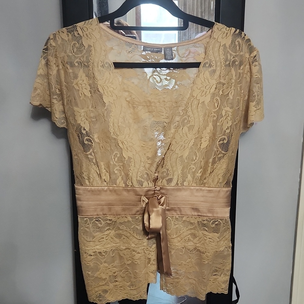 Apt. 9 Lace And Satin Ribbon Button/tie Cap Sleeve Cardigan XL